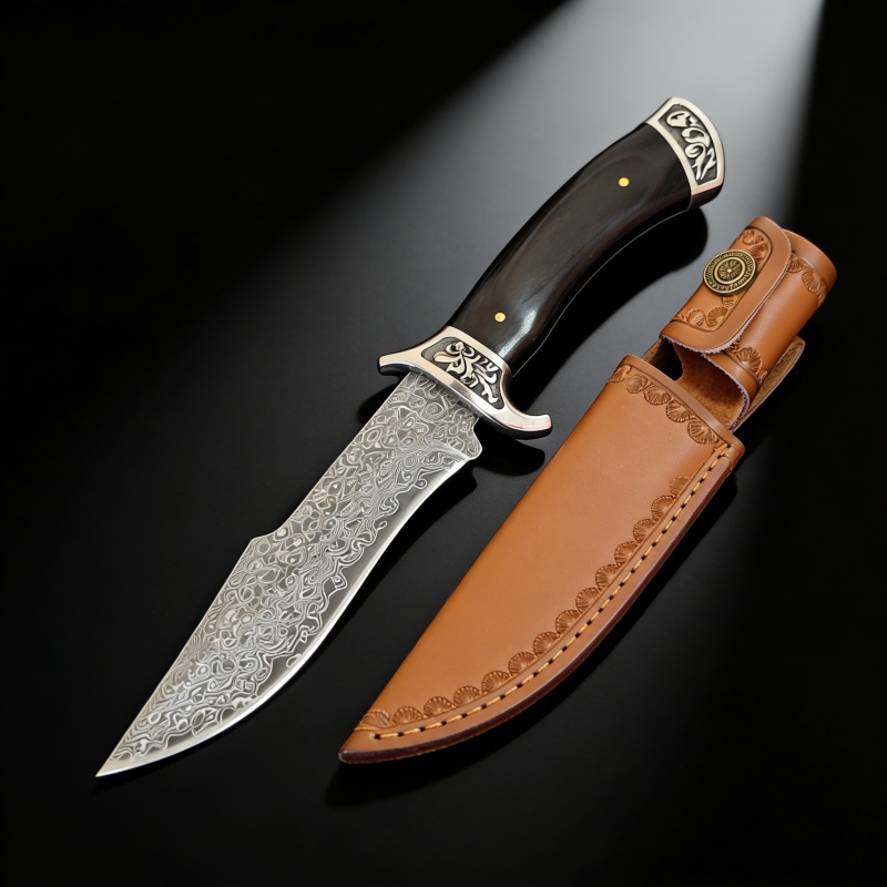 Vintage Collectible Knife - Vintage Engraved Damascus Straight Knife, Purple